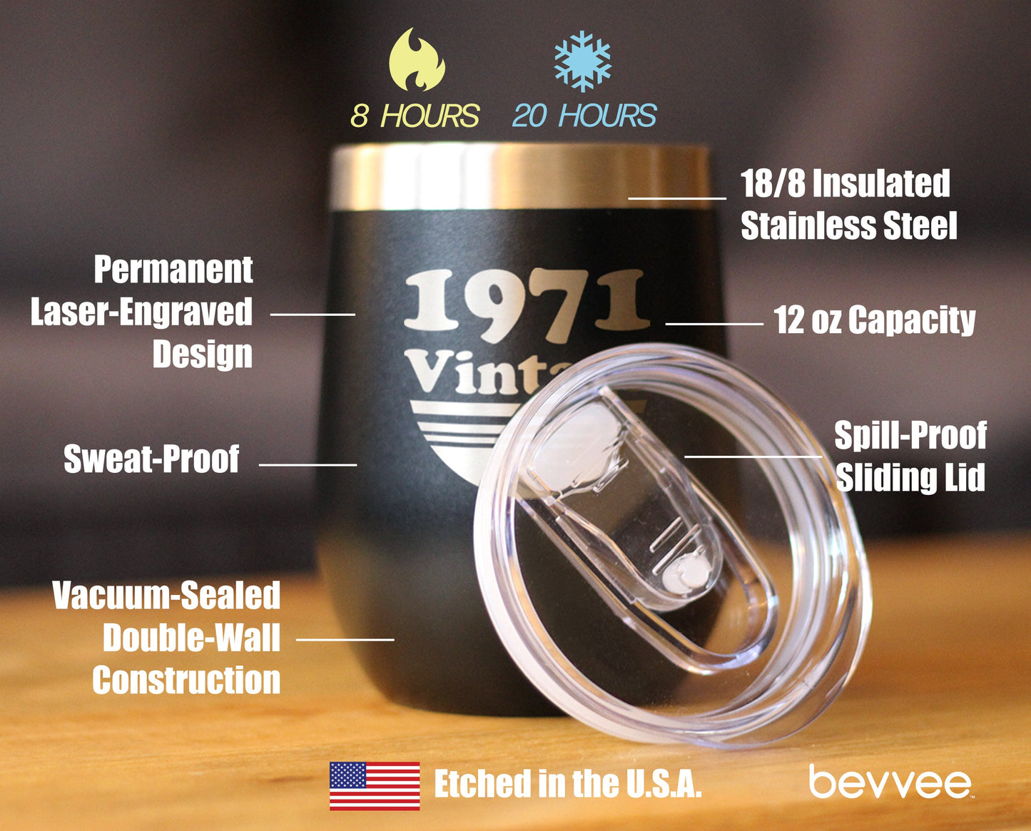 Vintage 1971 - Insulated Wine Tumbler Glass with Sliding Lid - Cute Funny 54th Birthday Gift for Women or Men Turning 54