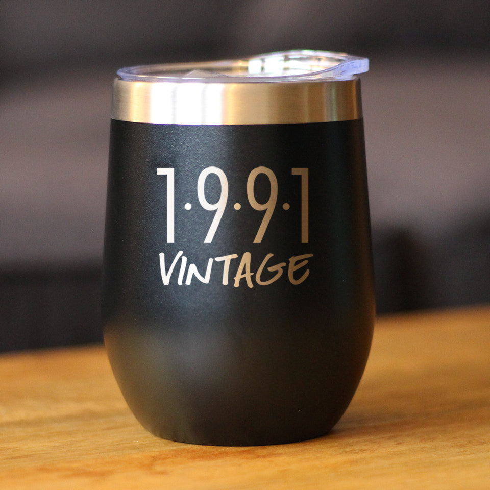Vintage 1991 - Insulated Wine Tumbler Glass with Sliding Lid - Cute Funny 34th Birthday Gift for Women or Men Turning 34