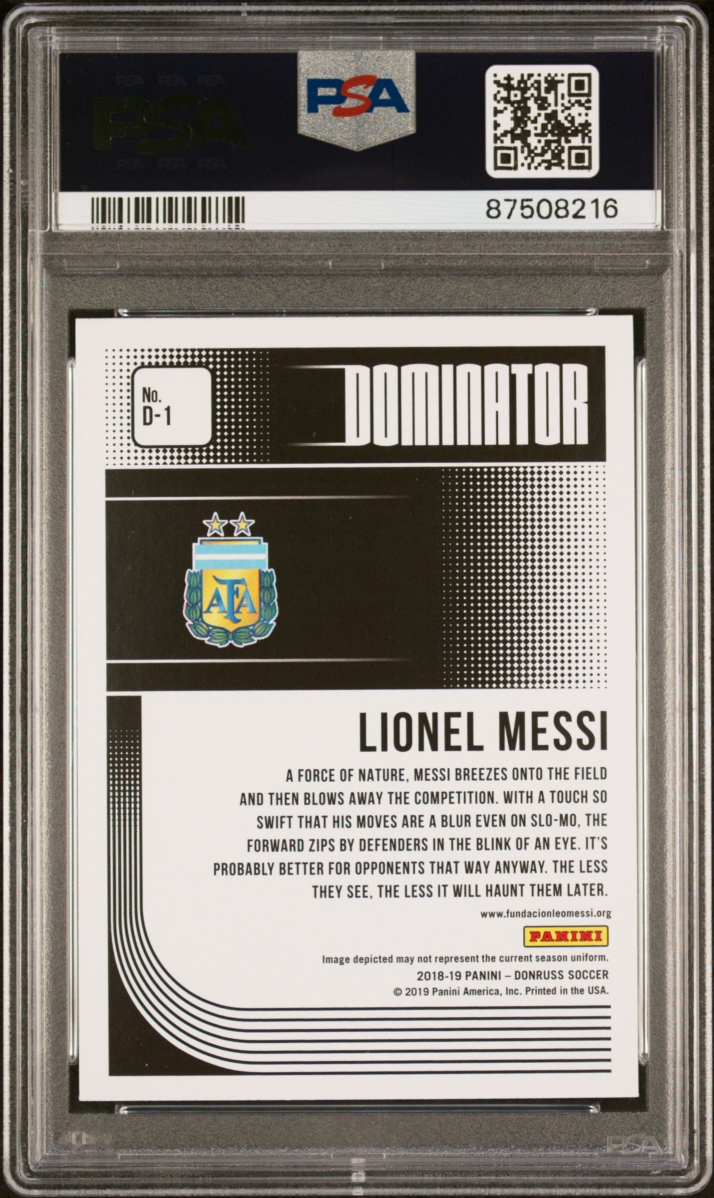 Graded 2018 Panini Donruss Lionel Messi #D1 Dominator Soccer Card PSA 10 Gem Mint