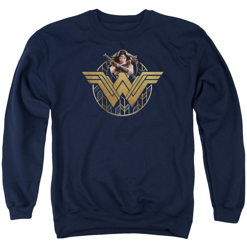 Wonder Woman Movie Power Stance And Emblem Mens Crewneck Sweatshirt Navy Blue Officially Licensed
