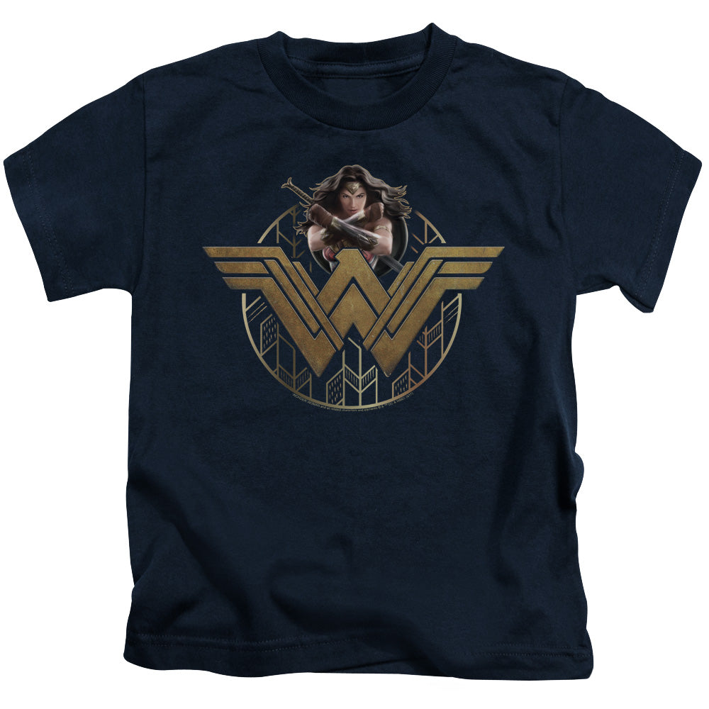 Wonder Woman Movie Power Stance And Emblem Juvenile Kids Youth T Shirt Navy Blue Officially Licensed