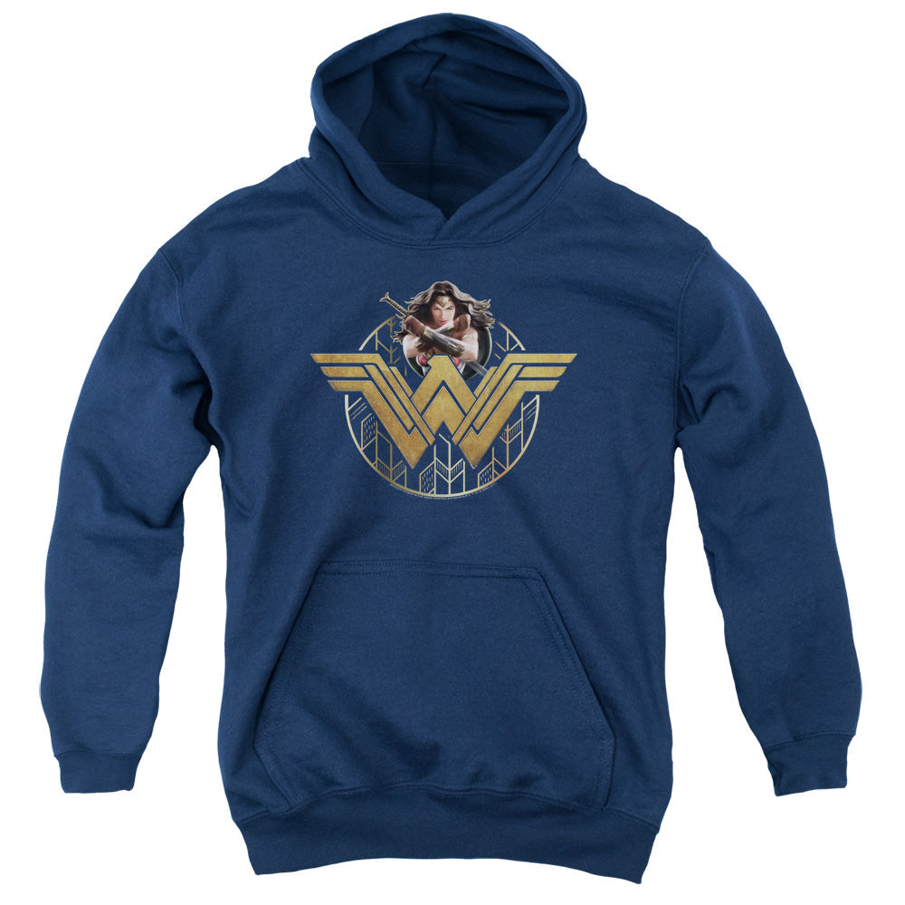 Wonder Woman Movie Power Stance And Emblem Kids Youth Hoodie Navy Blue Officially Licensed