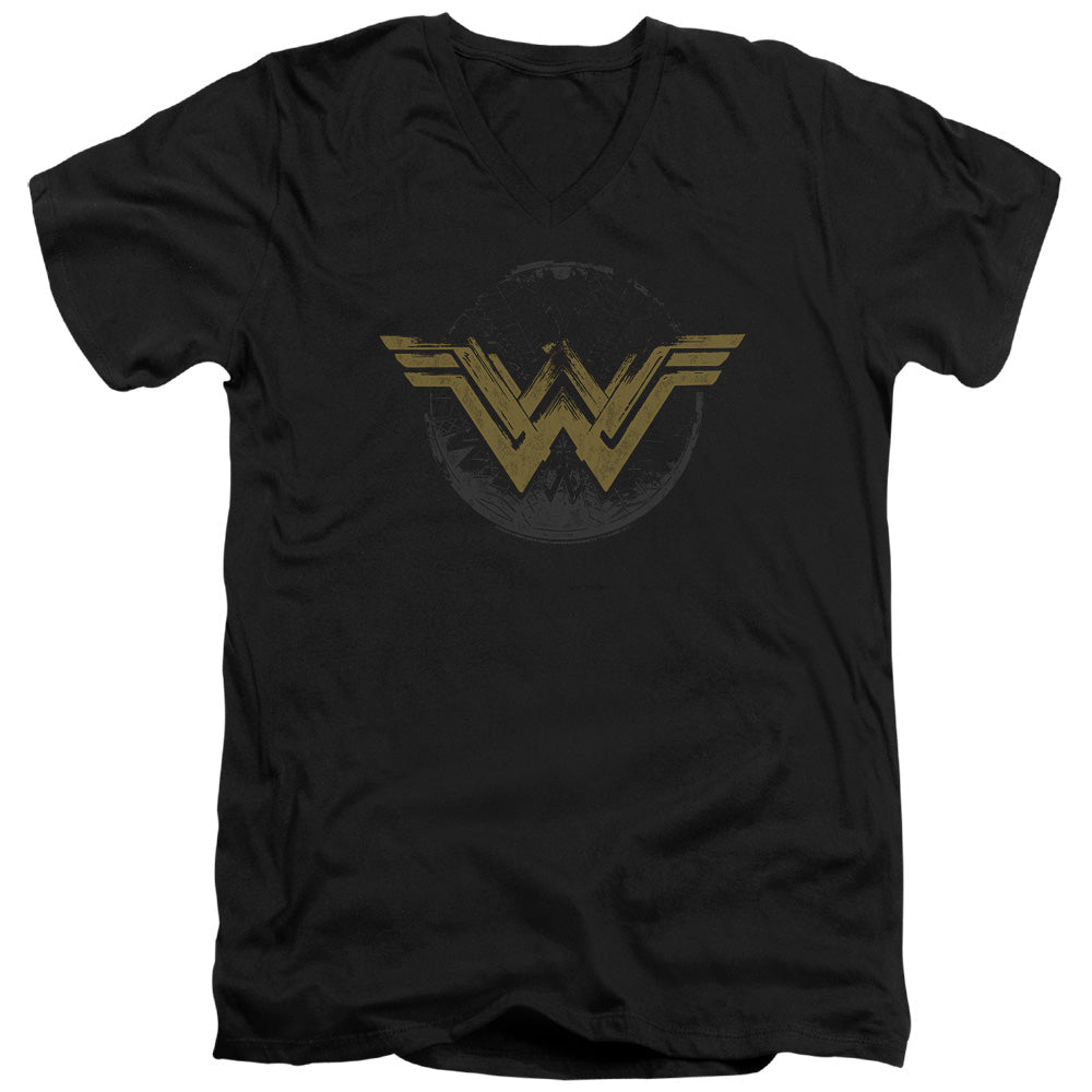 Wonder Woman Movie Distressed Logo Mens Slim Fit V-Neck T Shirt Black Officially Licensed