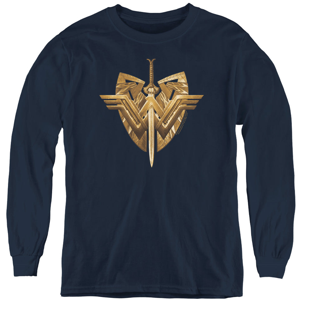 Wonder Woman Movie Sword Emblem Long Sleeve Kids Youth T Shirt Navy Blue Officially Licensed