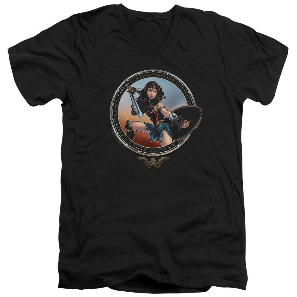 Wonder Woman Movie Battle Pose Mens Slim Fit V-Neck T Shirt Black Officially Licensed