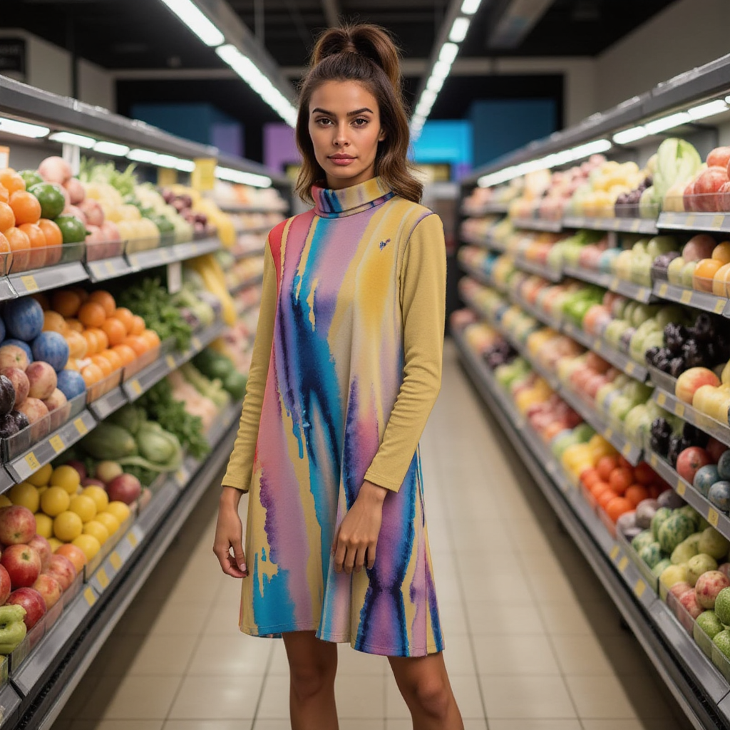 Watercolor Drip Women's High Neck Dress With Long Sleeves