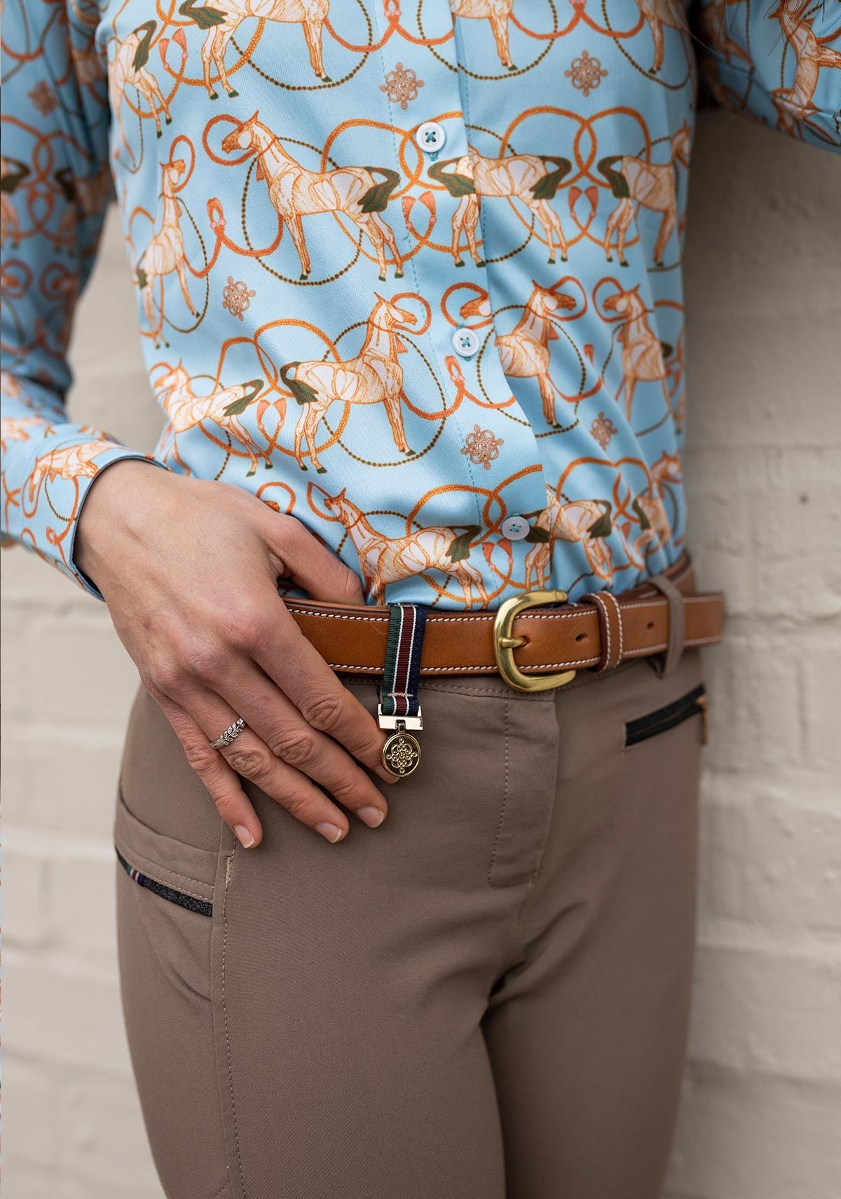 Roped Horses on Sky Blue Ladies Button Shirt