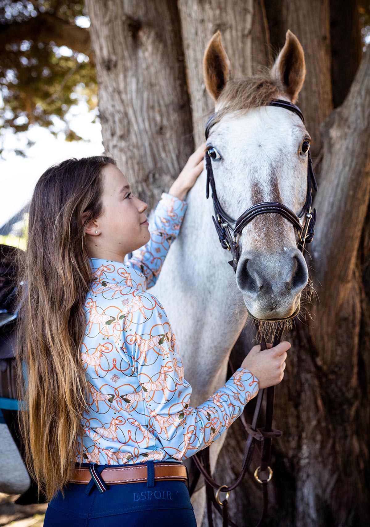 Roped Horses on Sky Blue Ladies Button Shirt