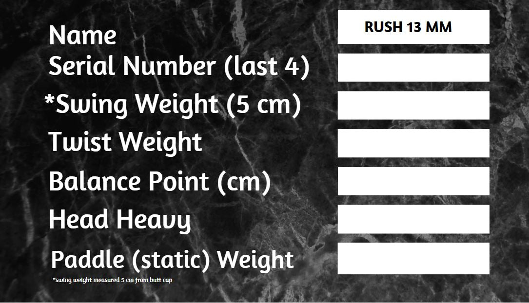 RUSH 13 SINGLES (PINK) Includes custom weight card, paddle cover, paddle eraser, and lead weights.