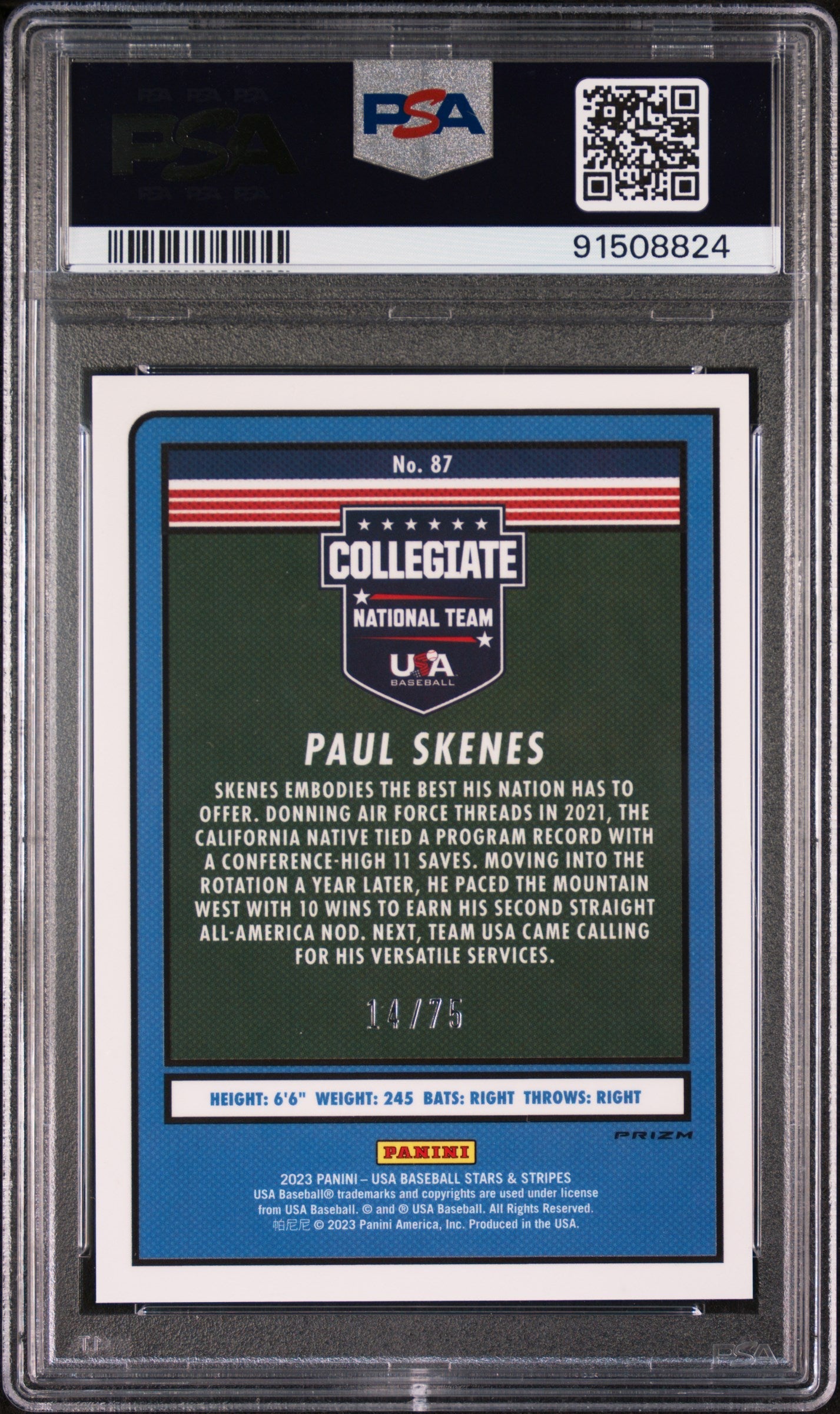 Graded 2023 Panini Stars & Stripes USA Paul Skenes #87 Blue /75 Rookie RC Baseball Card PSA 10 Gem Mint