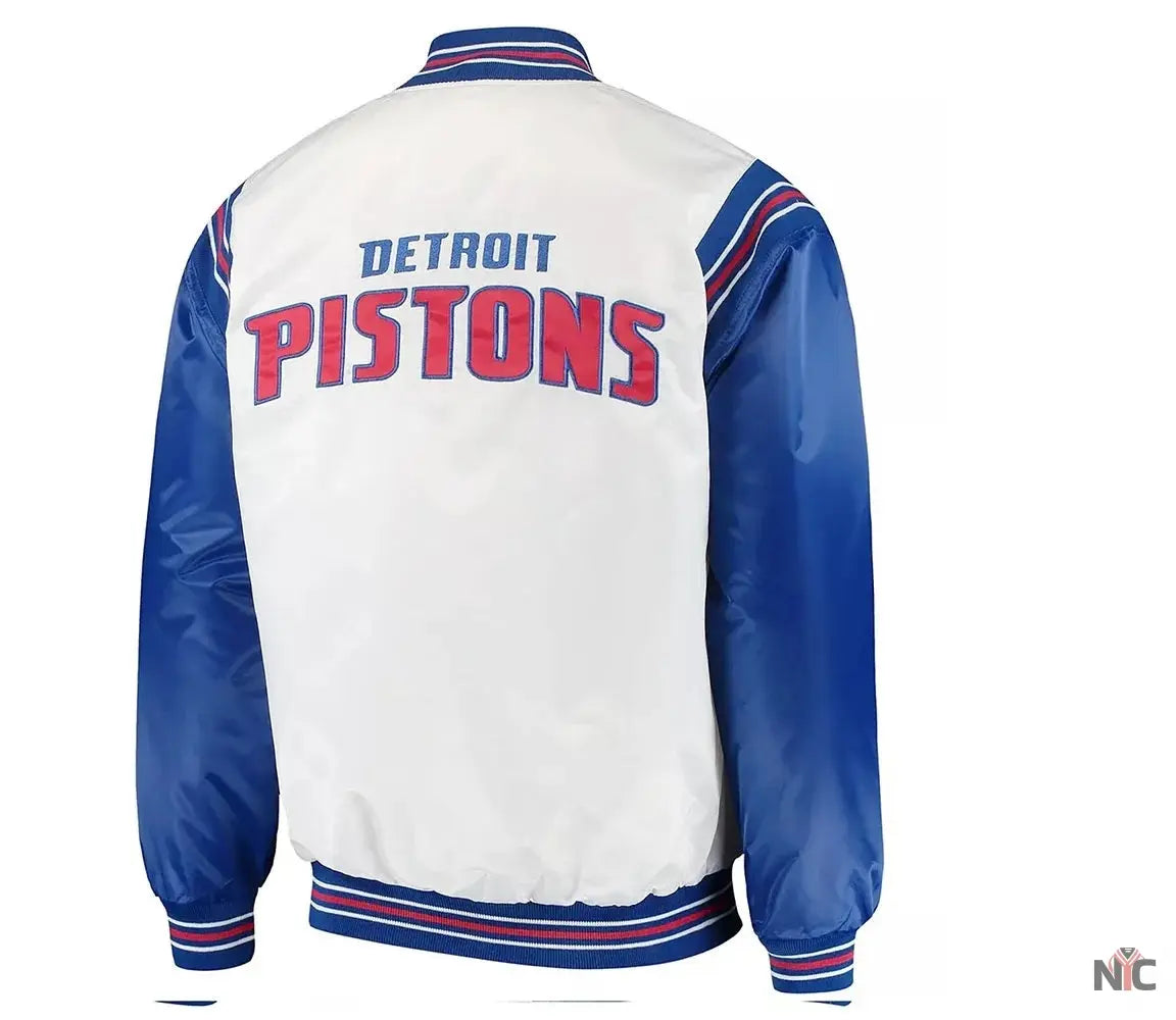 White/Blue Detroit Pistons Renegade Varsity Satin Jacket