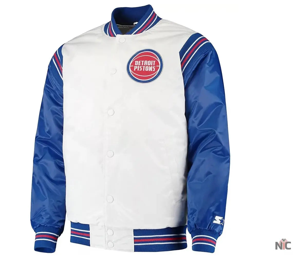 White/Blue Detroit Pistons Renegade Varsity Satin Jacket
