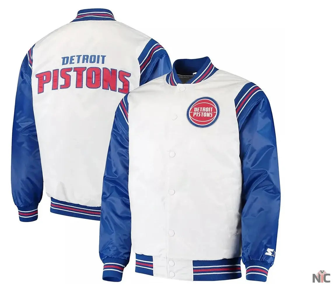 White/Blue Detroit Pistons Renegade Varsity Satin Jacket