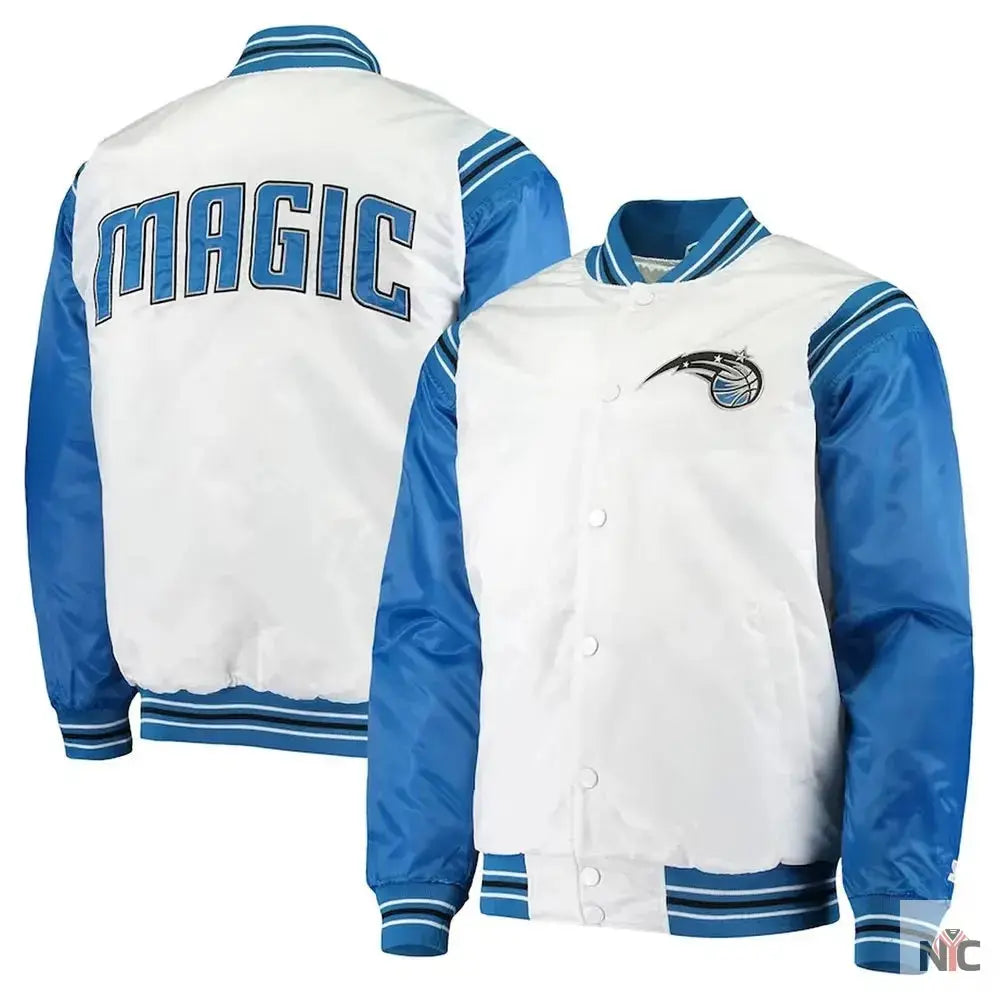 White and Blue Orlando Magic Renegade Varsity Satin Jacket