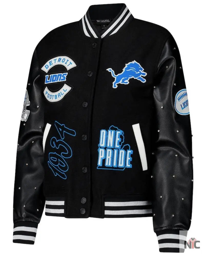 Women’s The Wild Collective Black Detroit Lions Sparkle Full-Snap Varsity Jacket