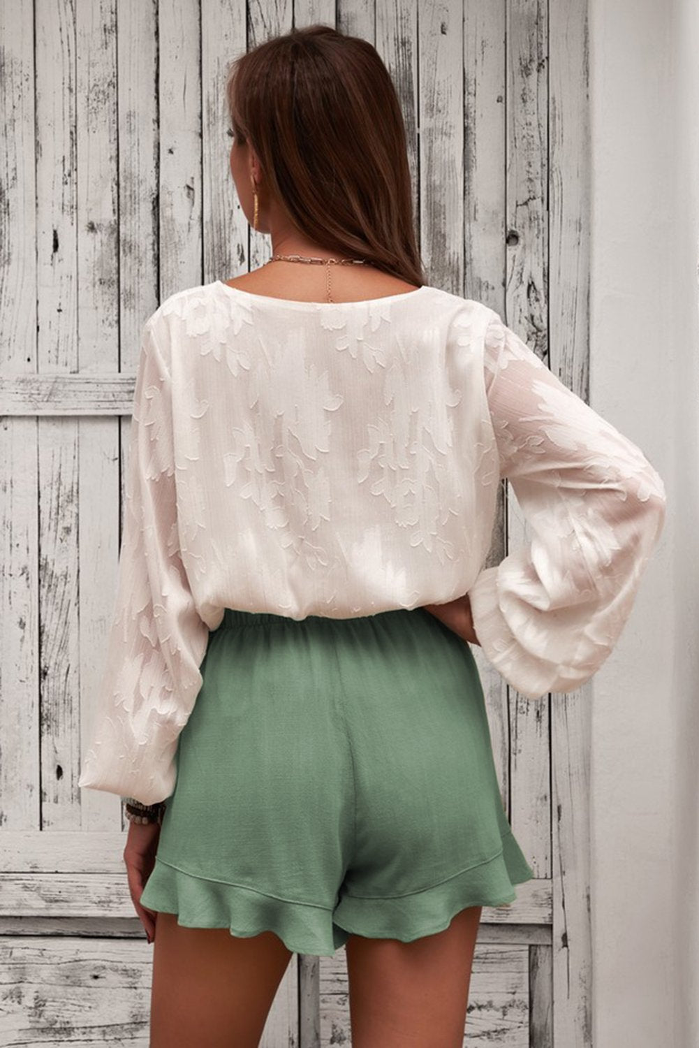 Women's Linen Cotton Shorts - Green Ruffled Summer Shorts