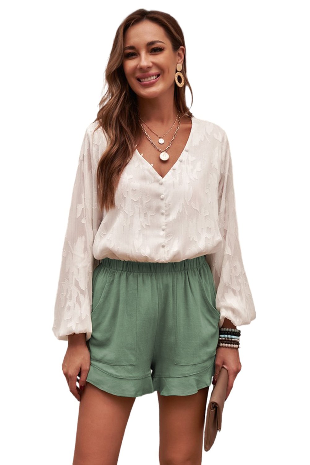 Women's Linen Cotton Shorts - Green Ruffled Summer Shorts
