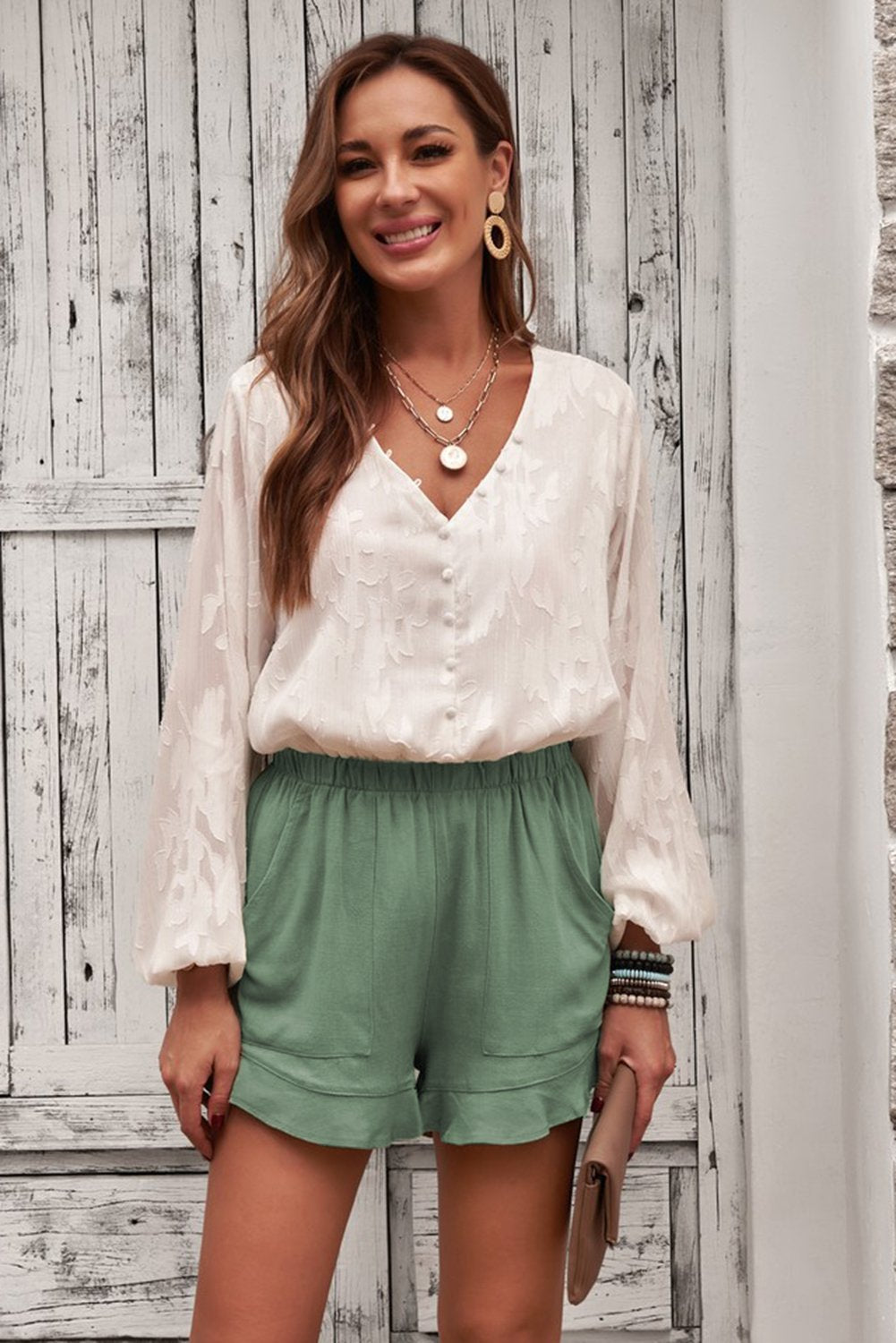 Women's Linen Cotton Shorts - Green Ruffled Summer Shorts