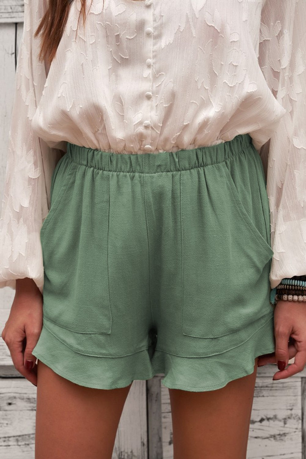 Women's Linen Cotton Shorts - Green Ruffled Summer Shorts