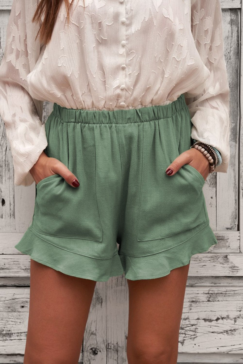 Women's Linen Cotton Shorts - Green Ruffled Summer Shorts