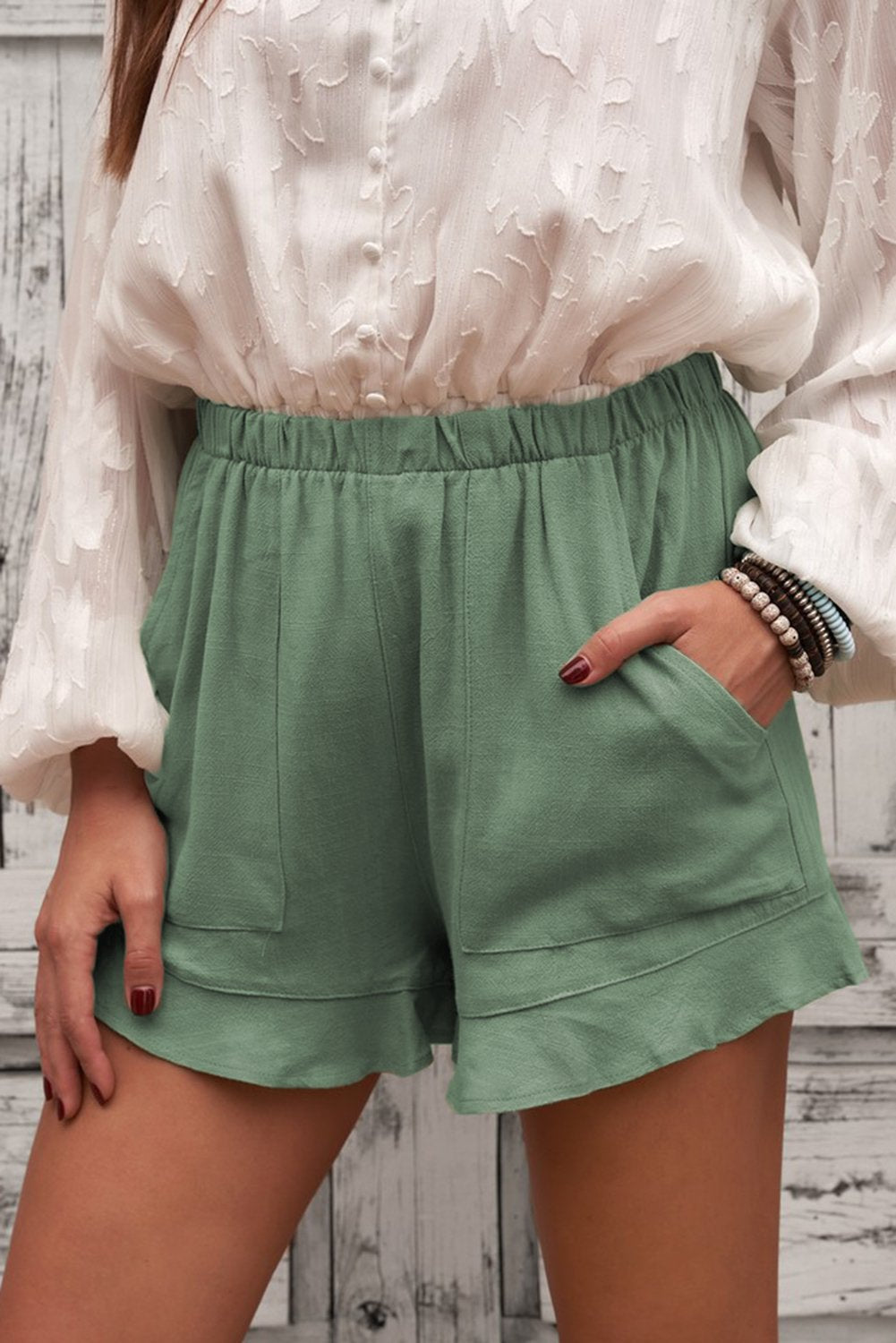Women's Linen Cotton Shorts - Green Ruffled Summer Shorts