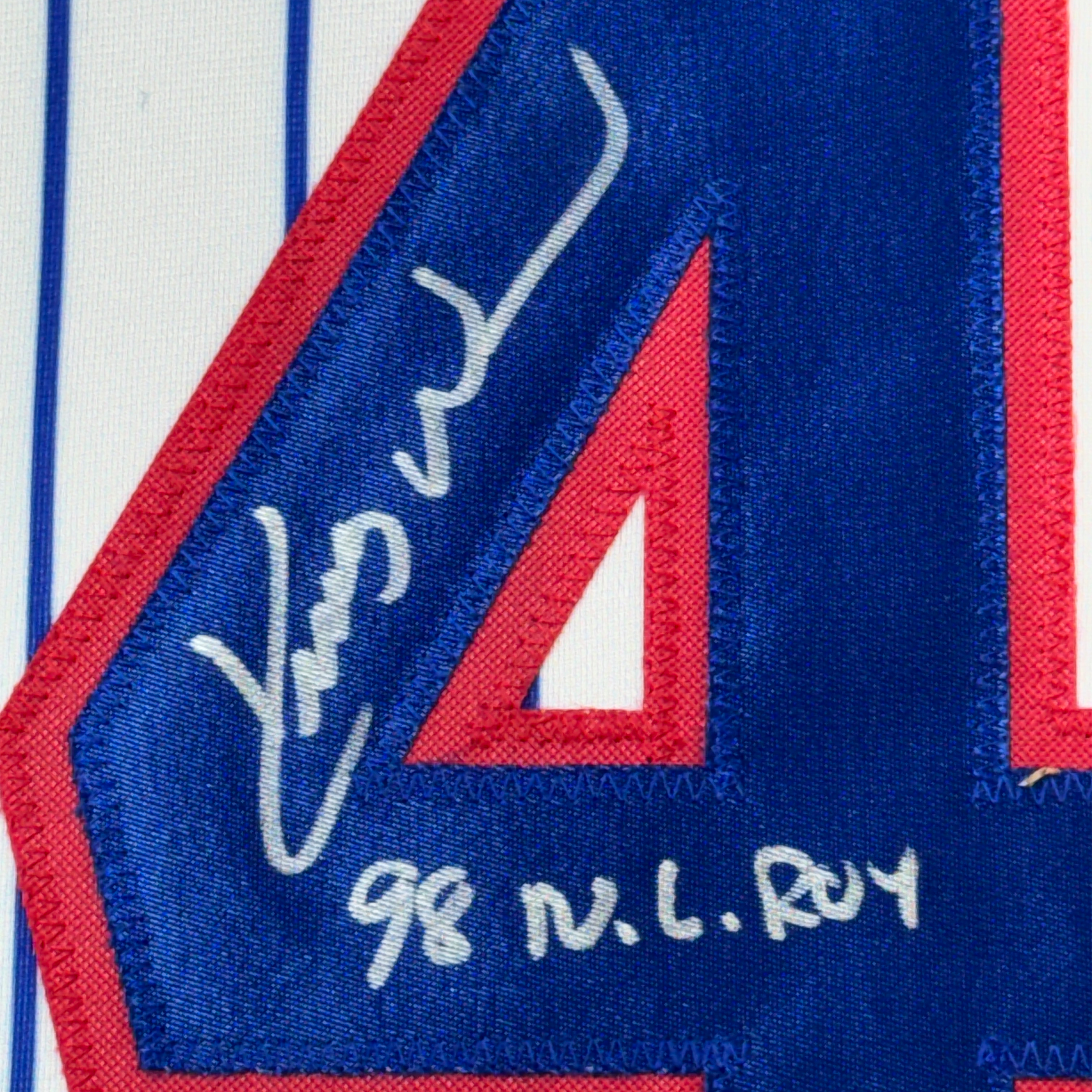 Framed Autographed/Signed Kerry Wood 98 ROY 35x39 Chicago Pinstripe Baseball Jersey Beckett BAS COA