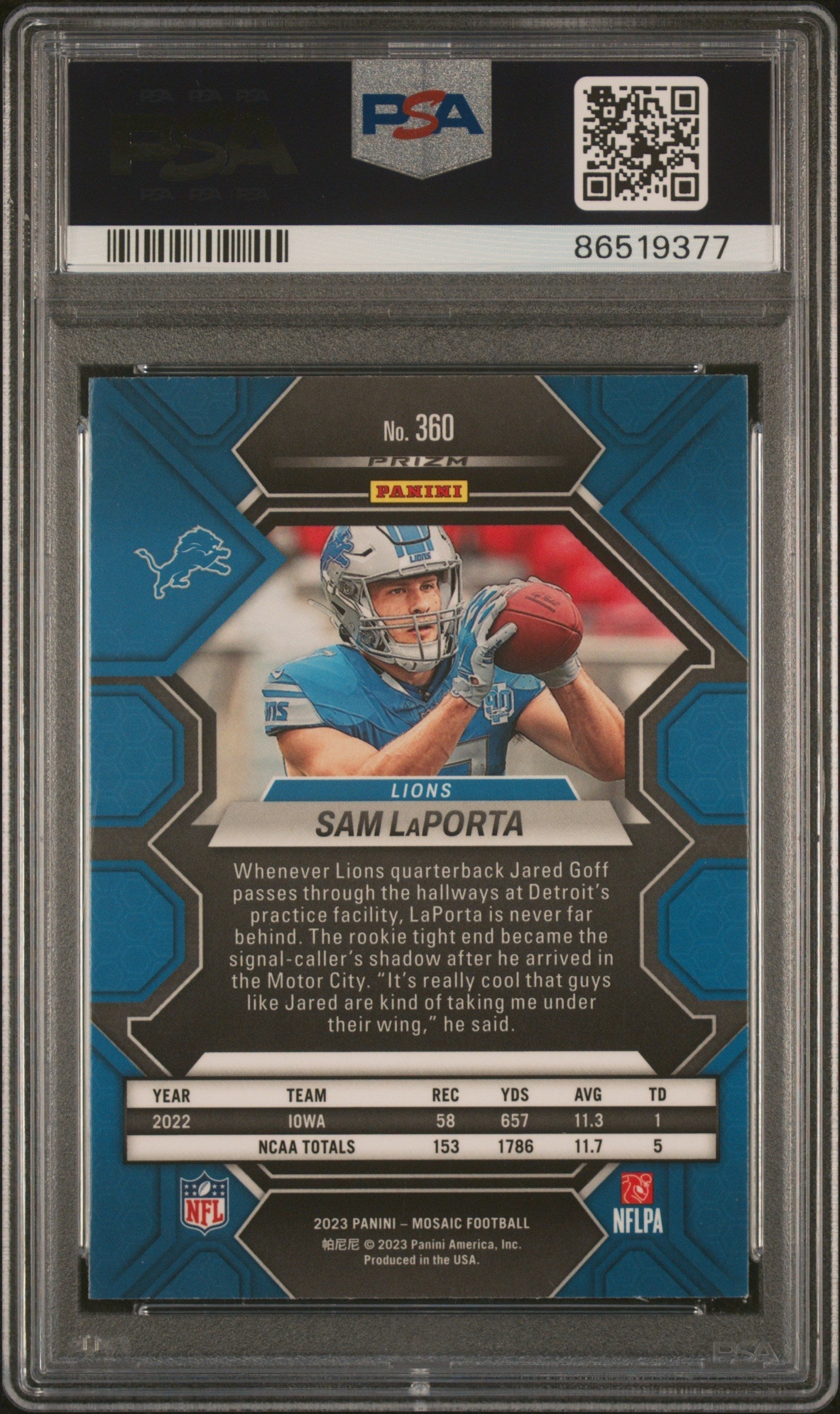Graded 2023 Panini Mosaic Sam LaPorta #360 Rookie RC Football Card PSA 10 Gem Mint
