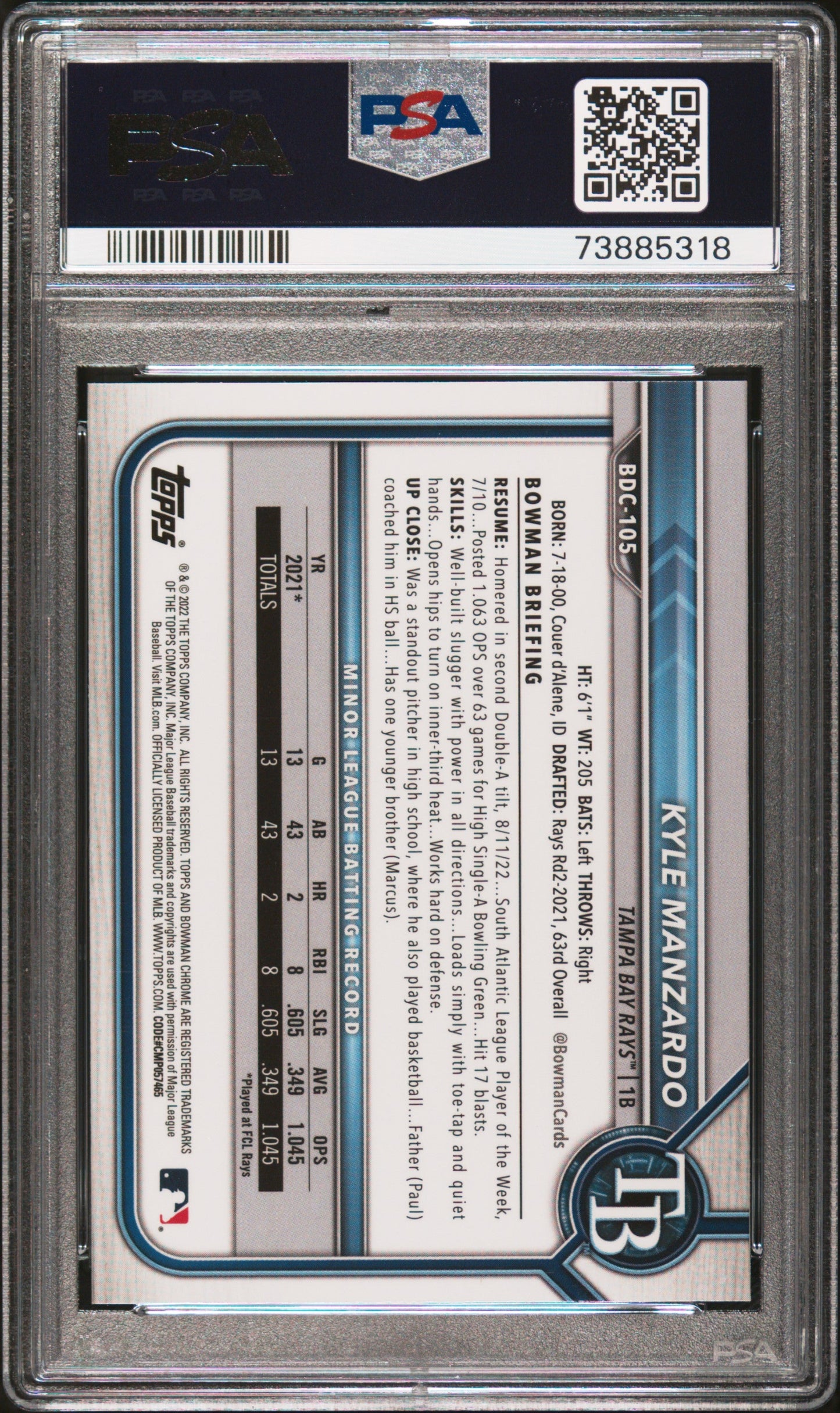 Graded 2022 Topps Bowman Draft Sapphire Edition Kyle Manzardo #105 Rookie RC Baseball Card PSA 10 Gem Mint