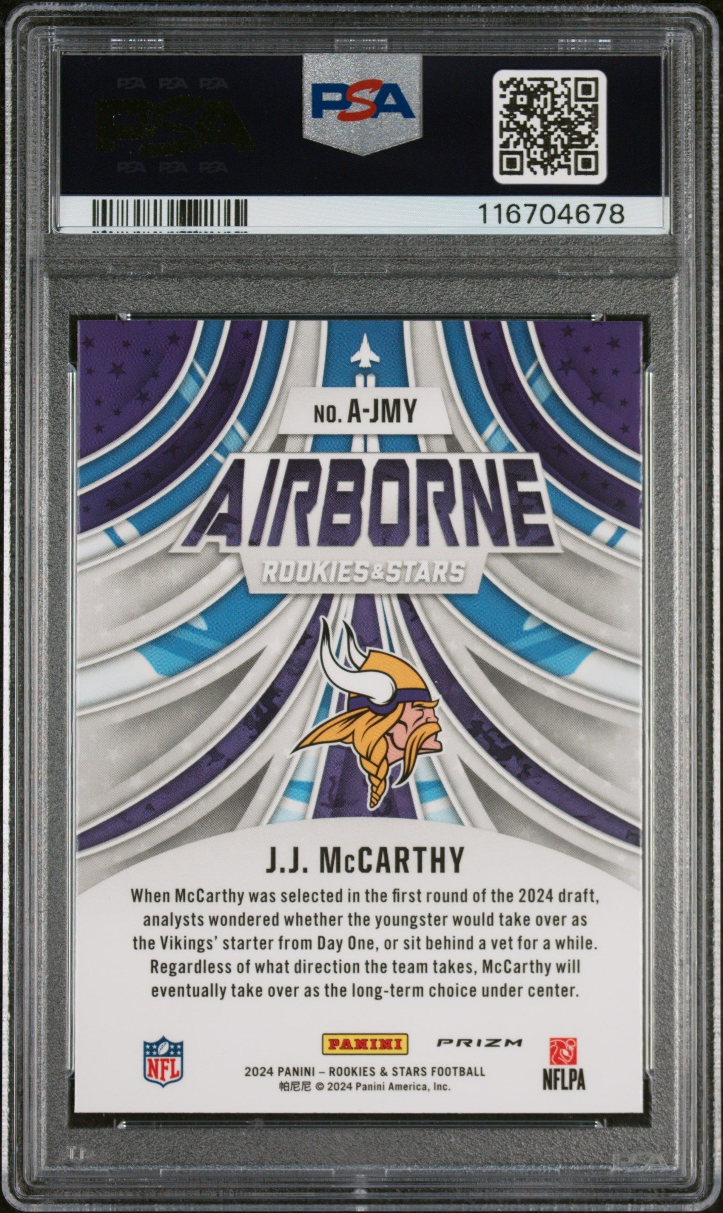Graded 2024 Panini Rookies & Stars JJ McCarthy #AJMY Airborne Red Plaid Rookie RC Football Card PSA 10 Gem Mint