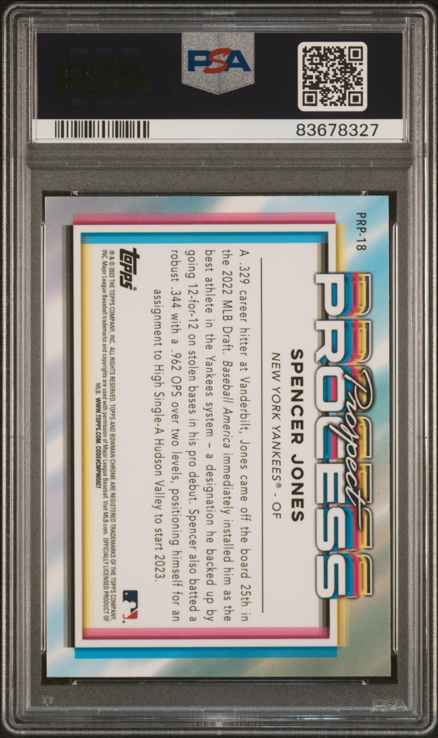 Graded 2023 Topps Bowman Chrome Spencer Jones #PRP18 Prospect Process Rookie RC Baseball Card PSA 10 Gem Mint