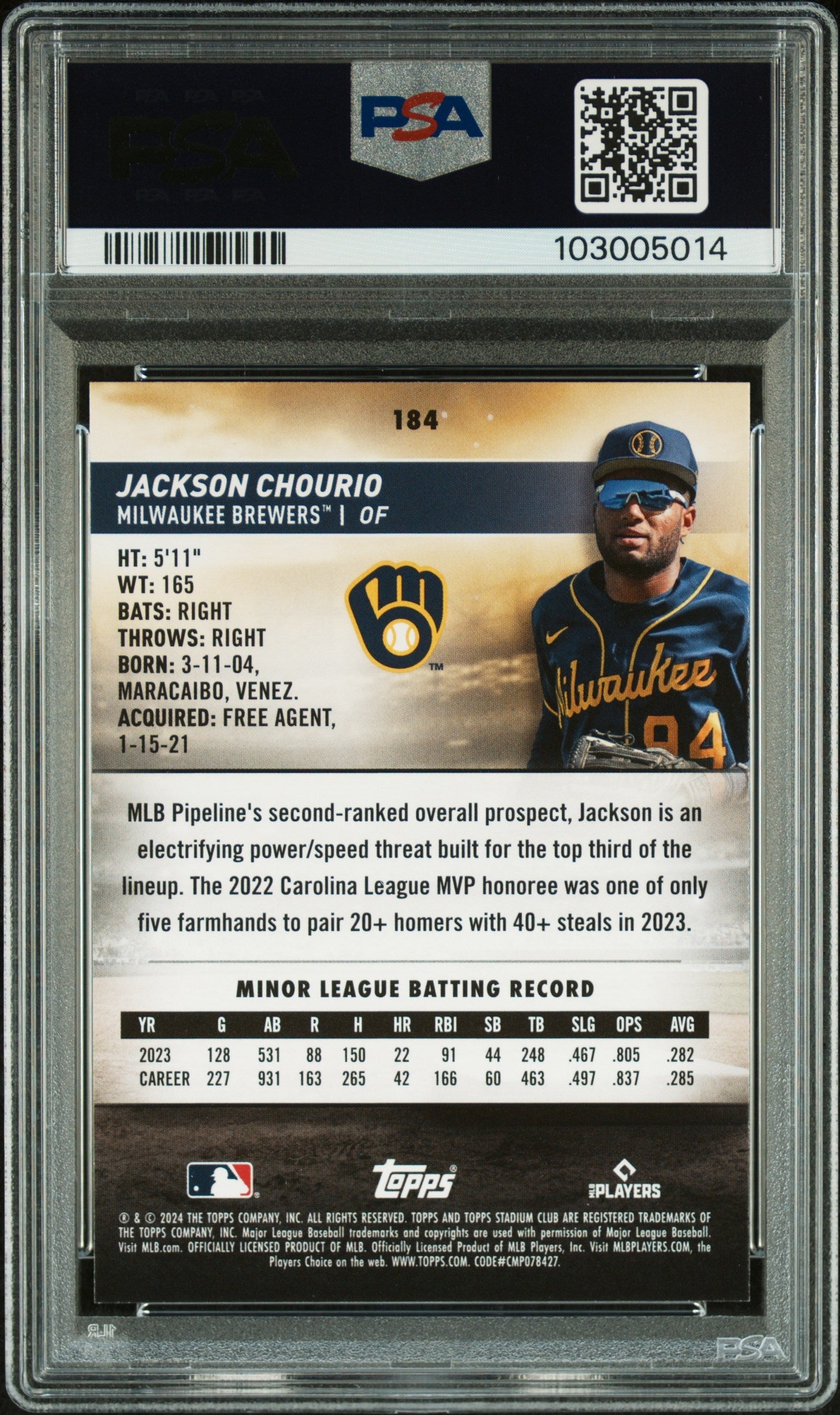 Graded 2024 Topps Stadium Club Jackson Chourio #184 Pink Foil Rookie RC Baseball Card PSA 10 Gem Mint