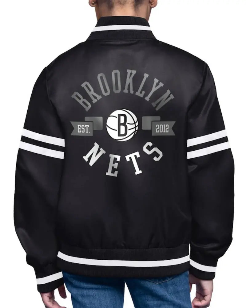 Youth Brooklyn Nets Starter Black Printed Logo Varsity Satin Full-Snap Jacket