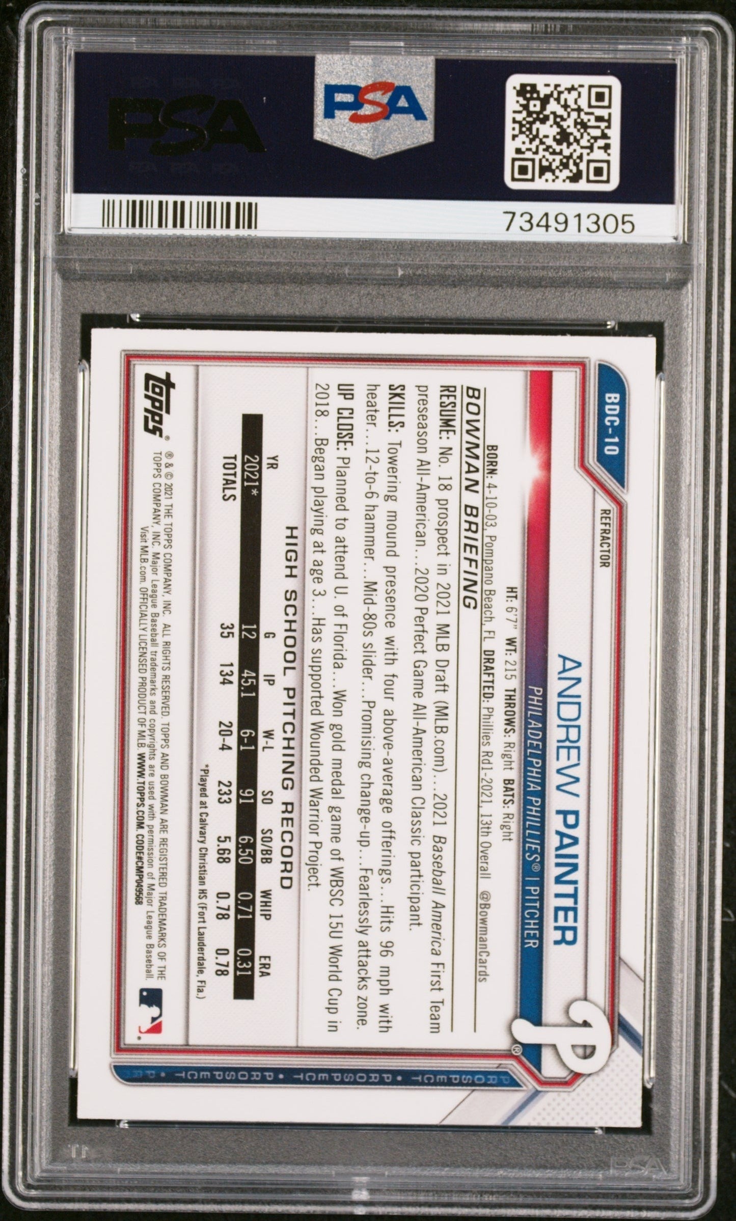 Graded 2021 Topps Bowman Draft Andrew Painter #BDC10 Chrome Refractor Rookie RC Baseball Card PSA 10 Gem Mint