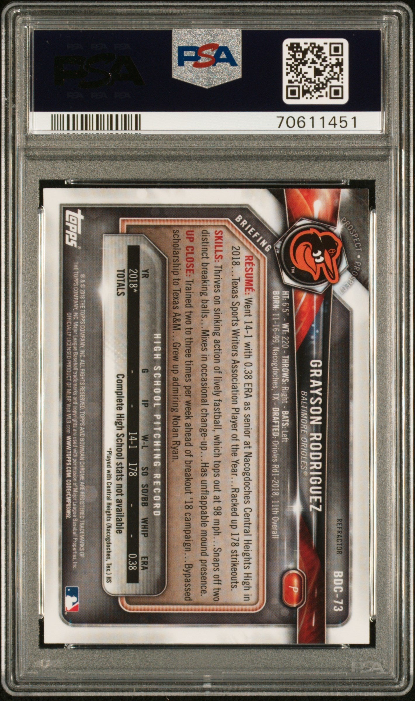 Graded 2018 Topps Bowman Draft Grayson Rodriguez #BDC73 Chrome Refractor Rookie RC Baseball Card PSA 10 Gem Mint