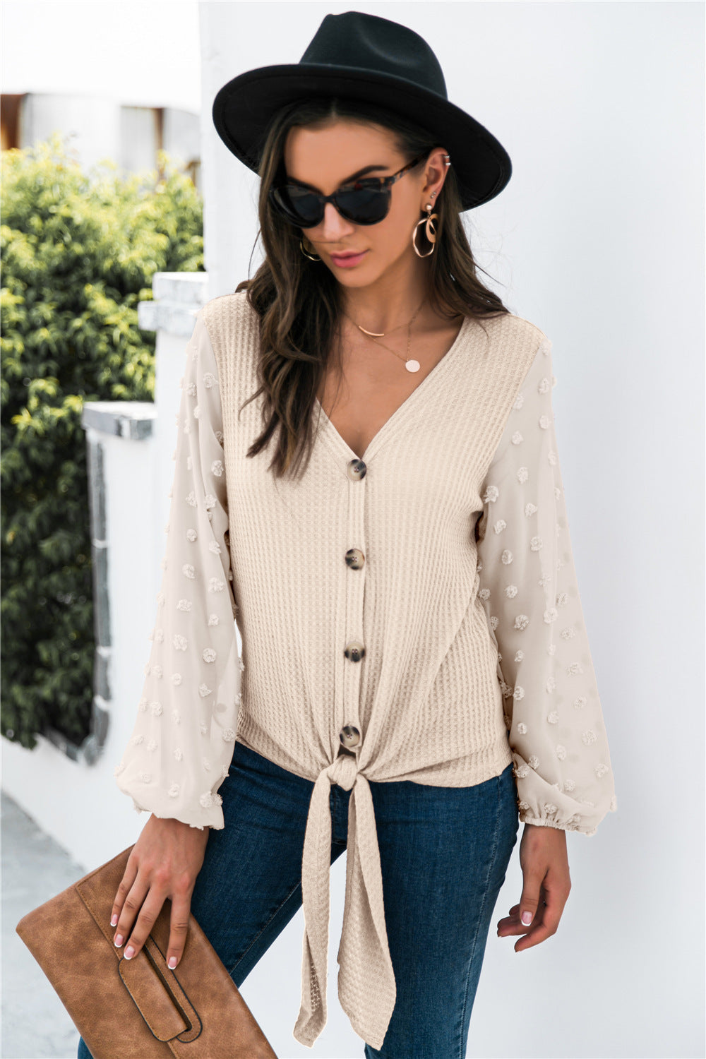 Sweet Texture – Tie-Front Puff Sleeve Button Blouse
