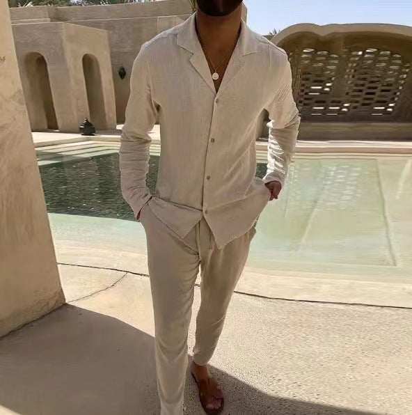 Men's Cotton Long Sleeve Lapel Shirt & Slim Fit Pants Set
