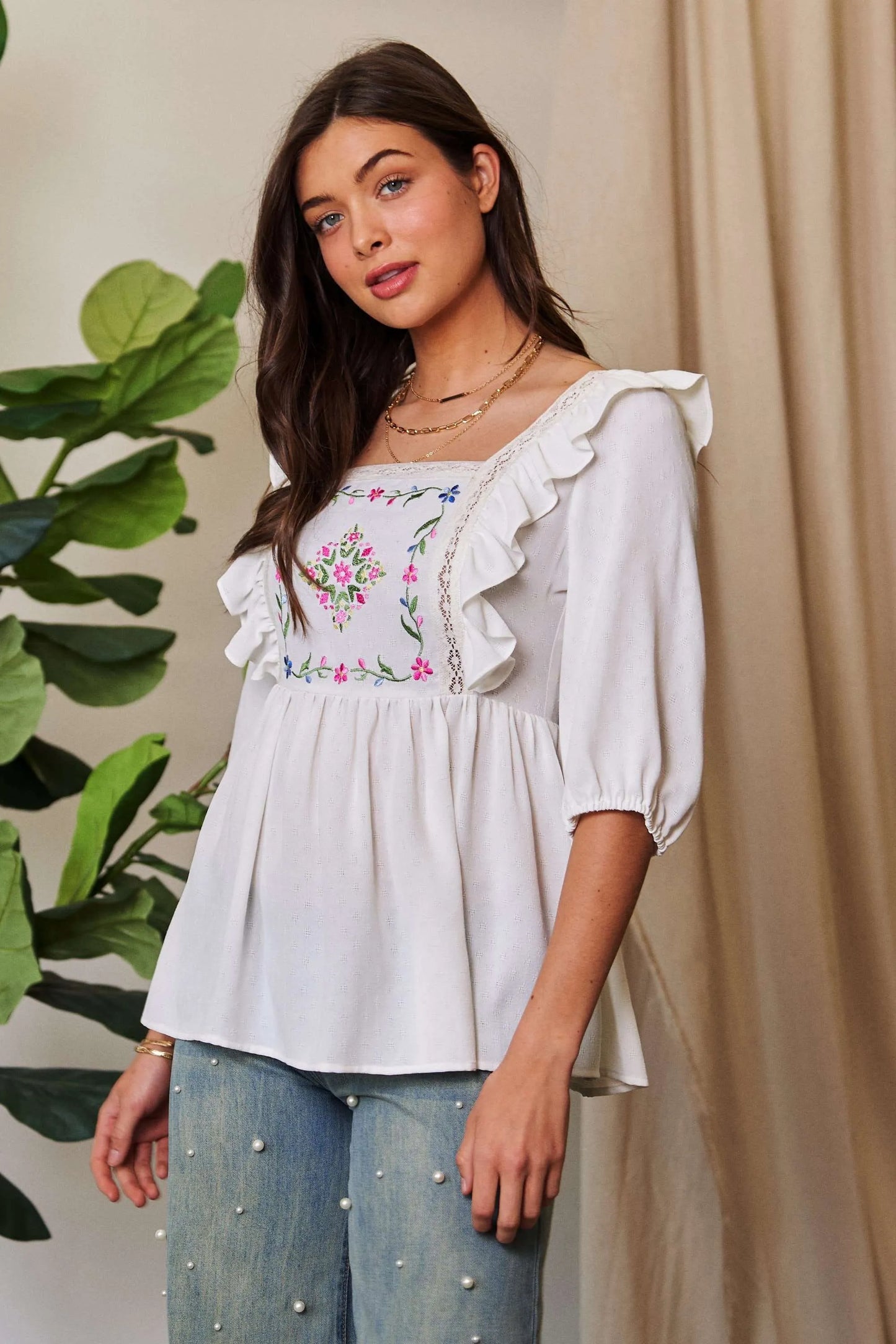 Davi & Dani Texture Tie Back Floral Embroidery Frill Blouse