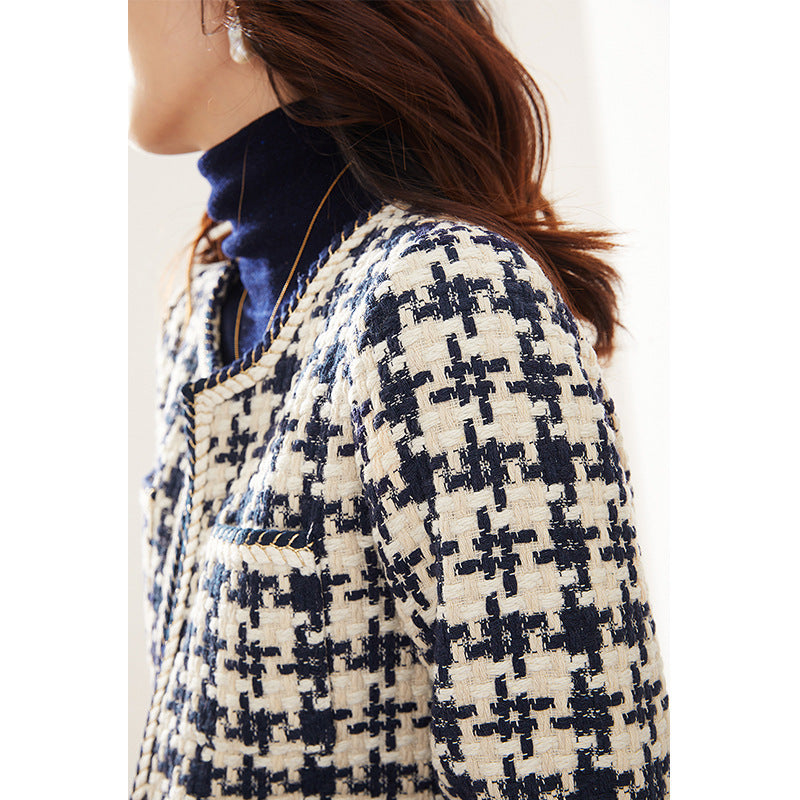 Navy Houndstooth Tweed Blazer Jacket - Round Neck Open Front