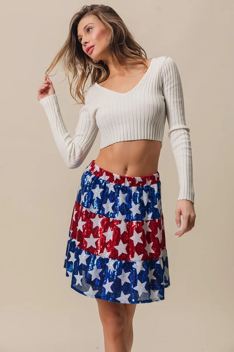 BiBi American Flag Theme Star Sequin Tiered Skirt
