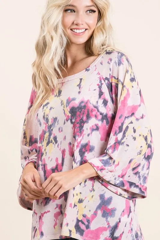 BiBi Tie Dye Print Terry A Line Top with Bell Sleeves