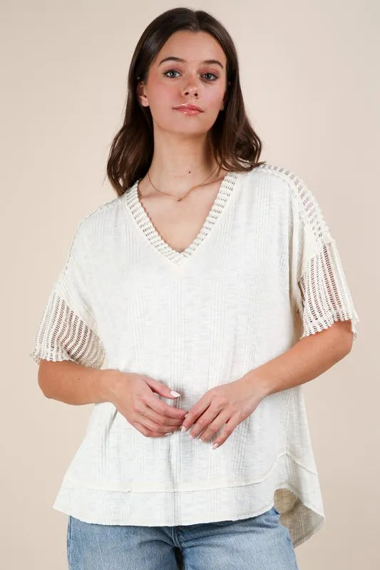 VERY J Oversized Contrast Knit Comfy Casual Top
