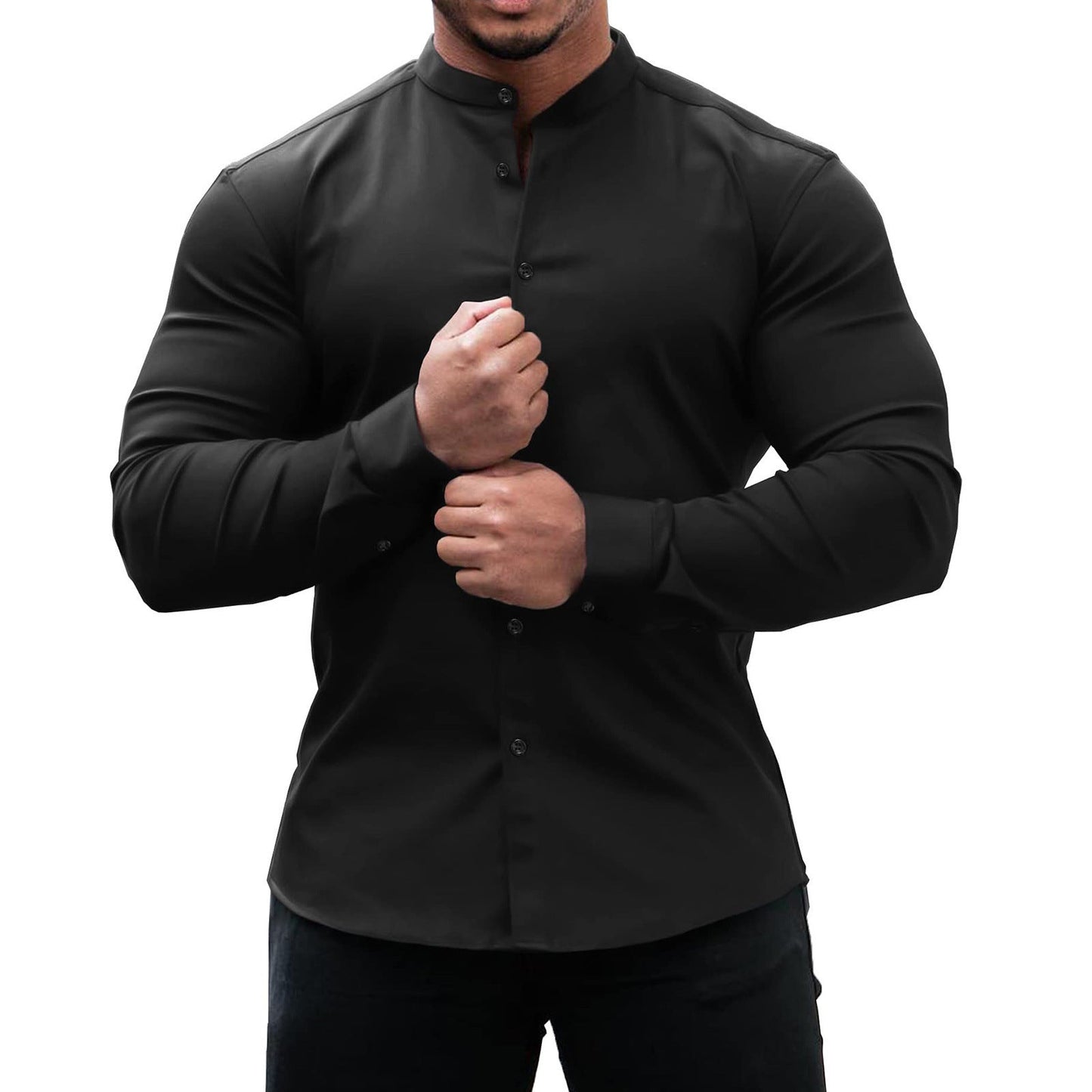 Mandarin Collar Shirt Men - Slim Fit Polyester Long Sleeve