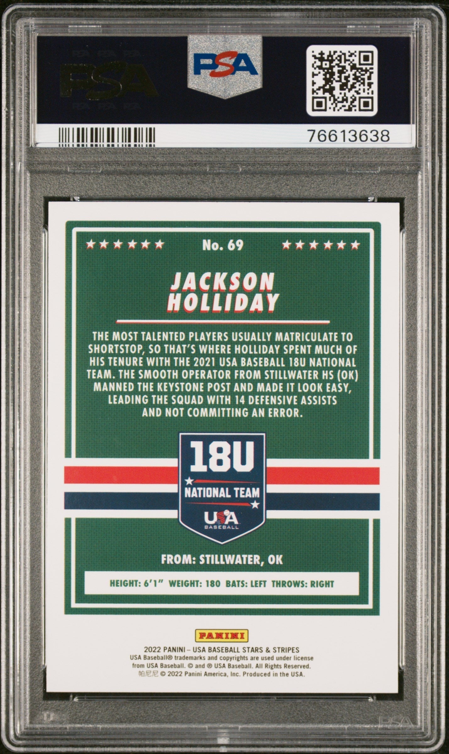 Graded 2021 Panini Stars & Stripes USA Jackson Holliday #69 Longevity Base Rookie RC Baseball Card PSA 10 Gem Mint