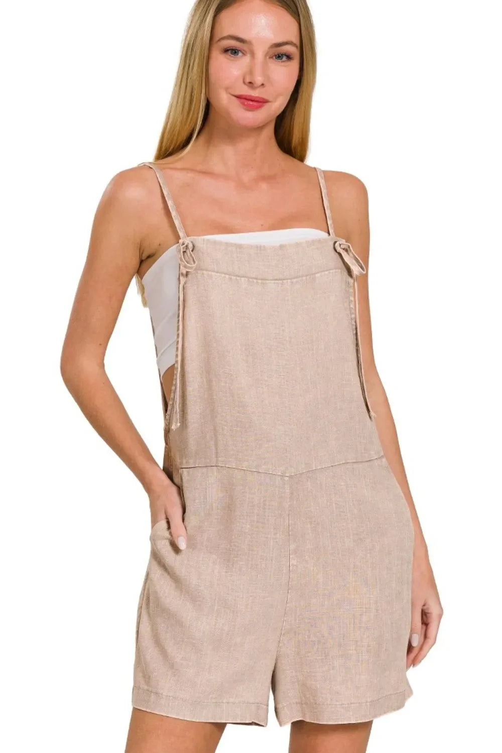 Zenana Washed Linen Knot Strap Rompers