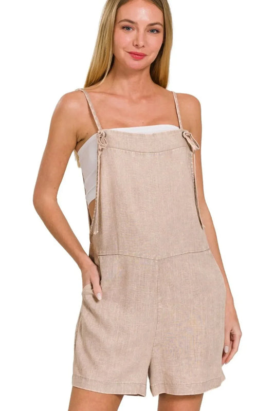 Zenana Washed Linen Knot Strap Rompers