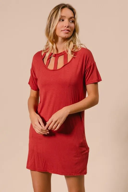 BiBi Front Cutout Mini Tee Dress with Pockets