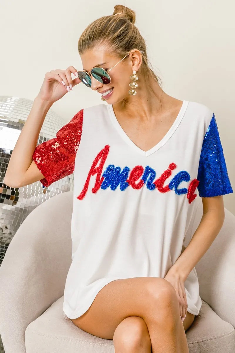 BiBi Metallic Letter V-neck Sequin Sleeves Top