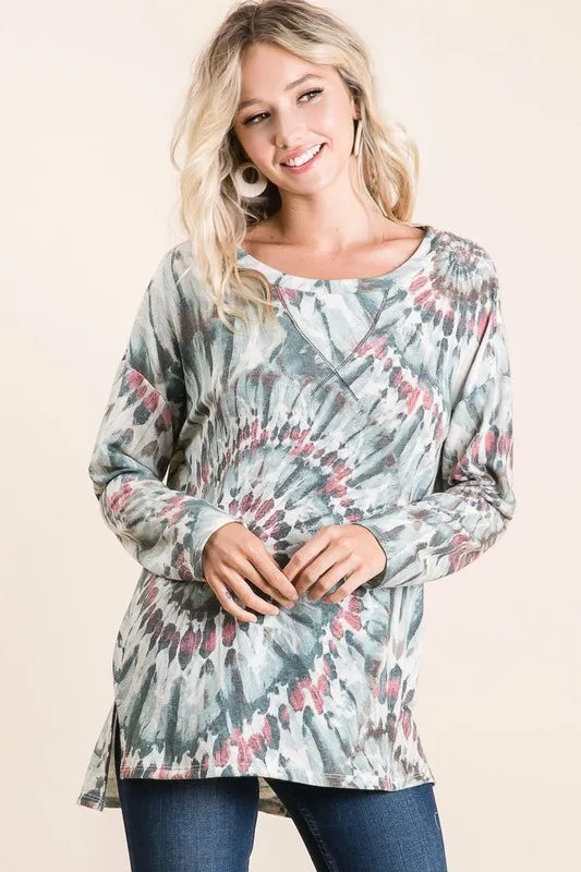 BiBi Tie Dye Terry Top with Contrast Stitching