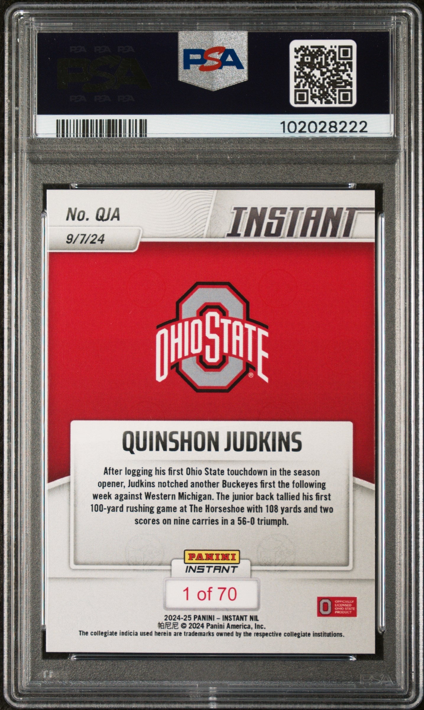 Graded 2024 Panini Instant NIL Quinshon Judkins #QJA Rookie RC Football Card PSA 9 Mint