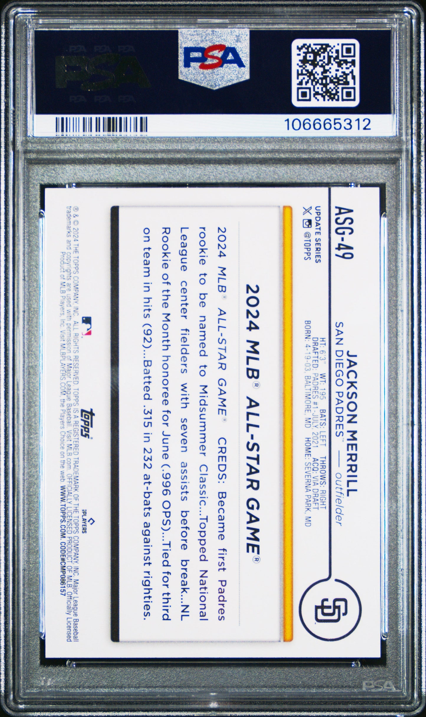 Graded 2024 Topps Update Jackson Merrill #ASG49 All Star Game Rookie RC Baseball Card PSA 10 Gem Mint